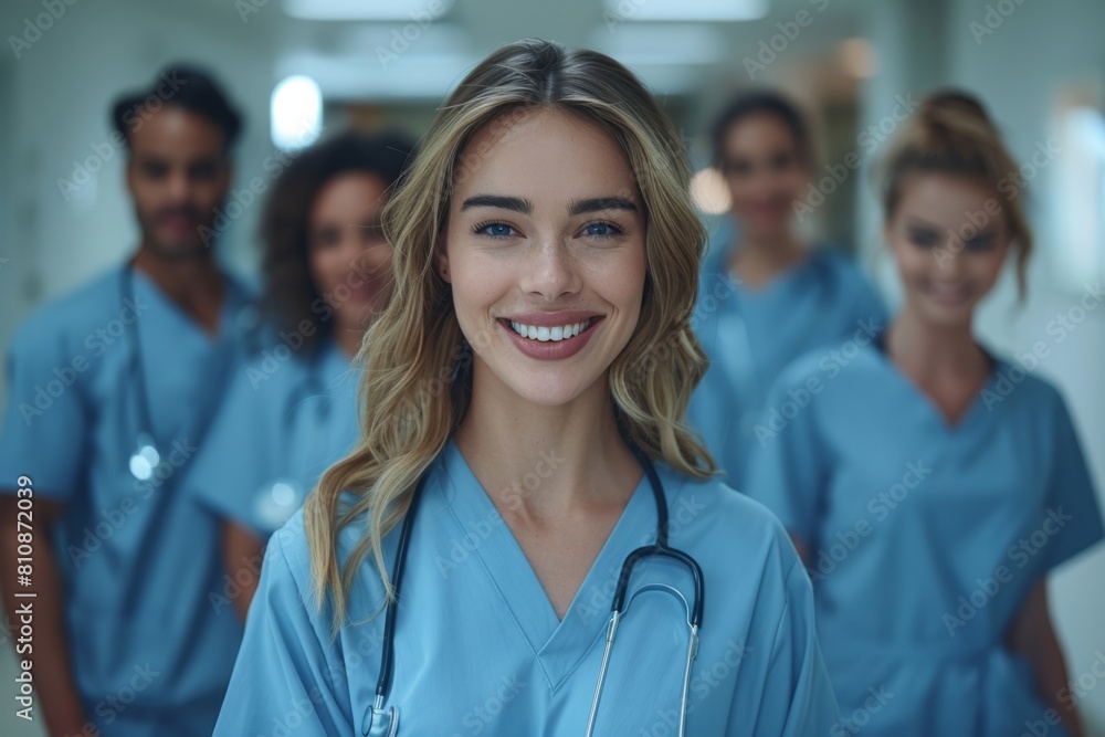Health care providers in scrubs and stethoscopes smiling in hospital hallway Health care providers in scrubs and stethoscopes smiling in hospital hallway