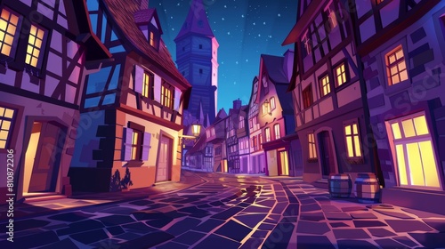Old German street with half-timbered houses at night. Characteristics of traditional European architecture. Fachwerk cottages and grocery market in a cityscape with paving stones. Cartoon modern photo