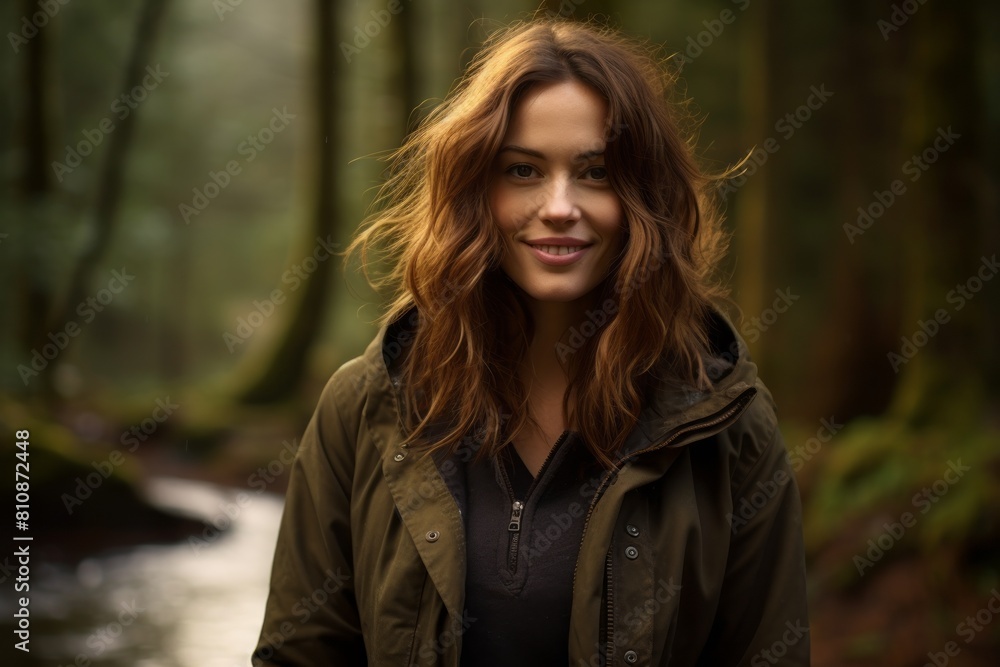 Portrait of a glad woman in her 30s wearing a warm parka while standing against tranquil forest stream Portrait of a glad woman in her 30s wearing a warm parka while standing against tranquil forest stream