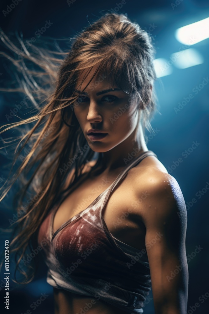 A woman with long hair and a red tank top is standing in front of a light. Concept of strength and confidence, as the woman's posture and attire suggest that she is ready to take on any challenge A woman with long hair and a red tank top is standing in front of a light. Concept of strength and confidence, as the woman's posture and attire suggest that she is ready to take on any challenge