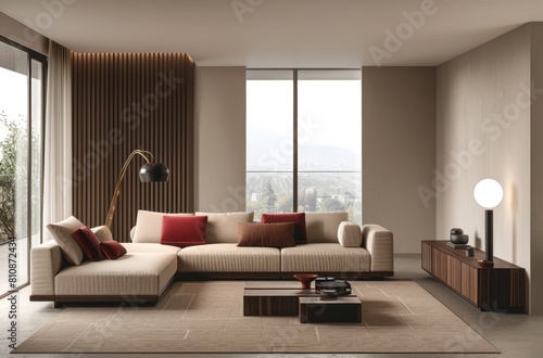 A minimalist living room with sleek furniture  large windows and soft lighting