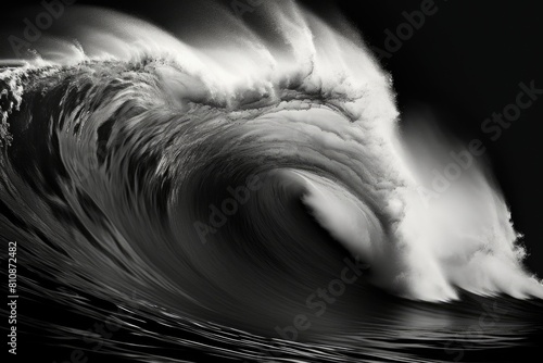 Fototapeta Naklejka Na Ścianę i Meble -  A black and white photo of a wave crashing on a beach. Concept of power and energy, as the wave is large and forceful. The contrast between the dark water