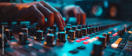 Close-up of an audio engineer, musician, and artist using control desk mixers, switches, buttons, faders, sliders, and motorized faders to record, play, and record a hit song. photo