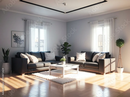 Bright and airy living room with stylish furniture  hardwood floors  and houseplants enjoying the sunlight from large windows