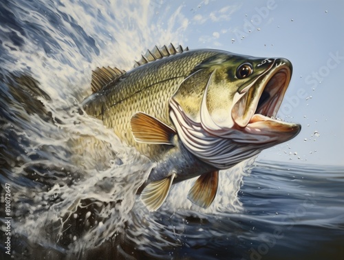 A large fish is leaping out of the water, with its mouth wide open. Concept of excitement and action, as the fish is in the midst of a powerful jump