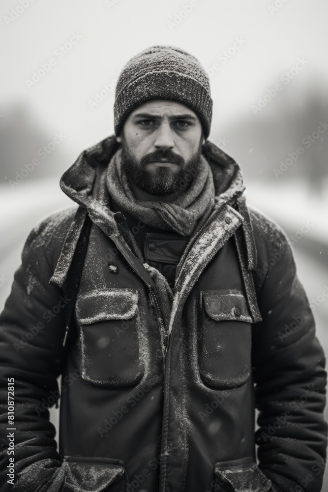 A man wearing a black coat and a hat stands in the snow. He has a beard and a beard comb A man wearing a black coat and a hat stands in the snow. He has a beard and a beard comb
