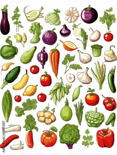 A colorful drawing of various vegetables and fruits, including carrots, tomatoes, and peppers. Concept of abundance and freshness, showcasing the diversity of produce available