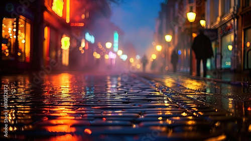Wallpaper Mural Street photograph, a nighttime urban scene with triad colors of indigo, chartreuse, and tangerine. Apply a bokeh lens for dreamy lights. Generative AI Torontodigital.ca