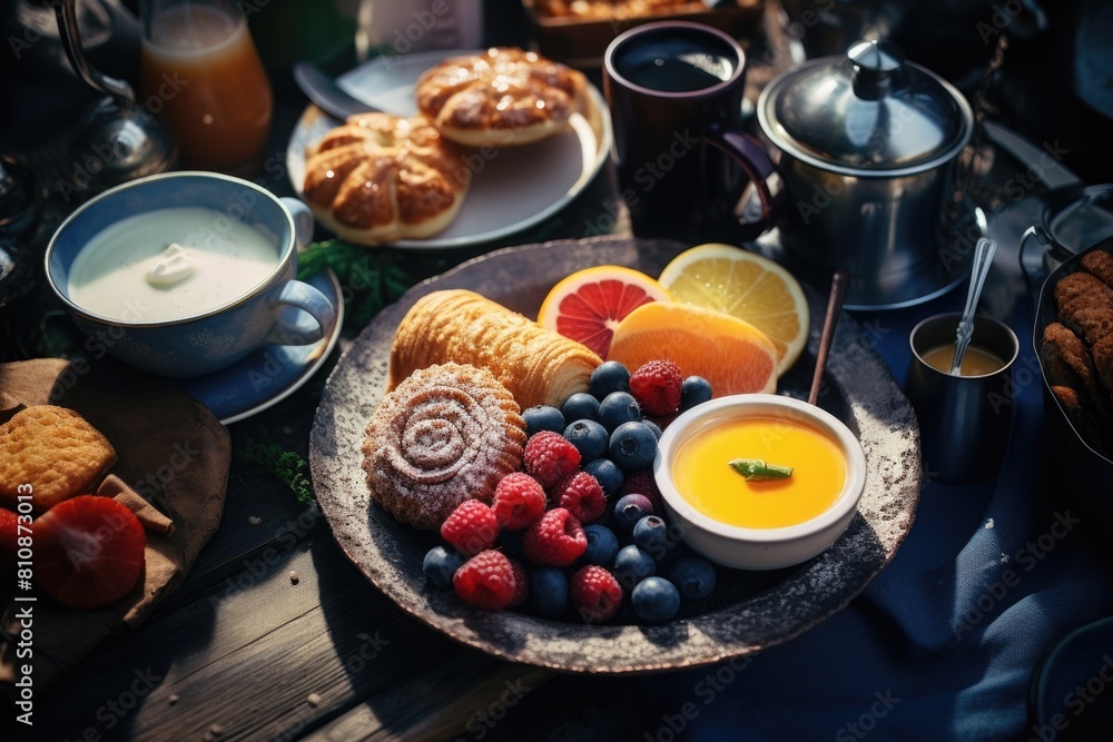 A table with a variety of food and drinks, including a plate of fruit and a bowl of cream A table with a variety of food and drinks, including a plate of fruit and a bowl of cream