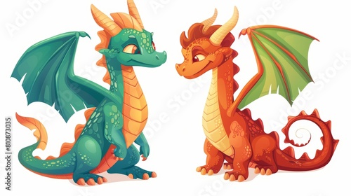 Dragons from medieval mythology with red and green wings and tails. Modern cartoon illustration of red and green flying monsters.