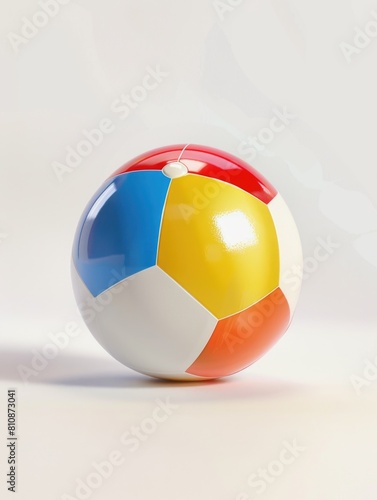 A beach ball with a white and red stripe. The ball is colorful and has a fun, playful vibe