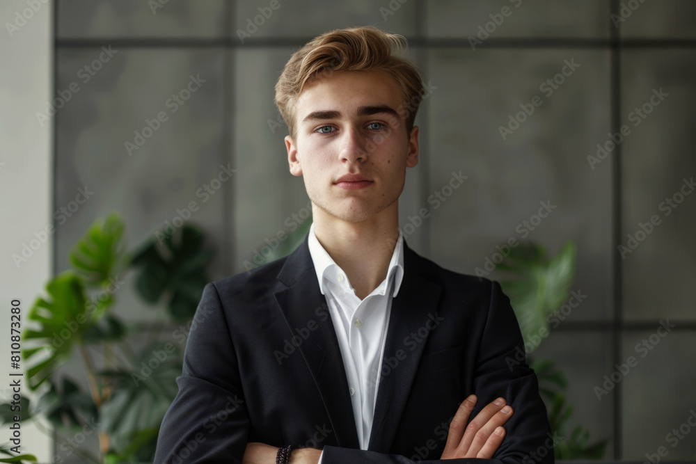 Confident businessman wearing business suit in office workspace. Successful male business person portrait Confident businessman wearing business suit in office workspace. Successful male business person portrait