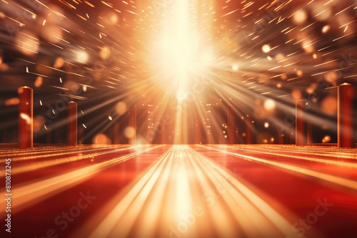 A bright light shines through a dark room, illuminating a red carpet. The room is empty, with only a few pillars visible in the background. The scene is meant to evoke a sense of anticipation