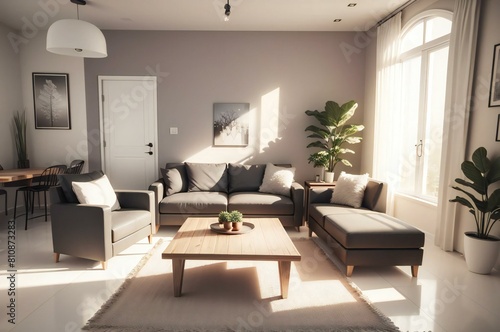 Stylish living room with cozy sofa, wooden table, and soft sunset light filtering through a large window © samsul