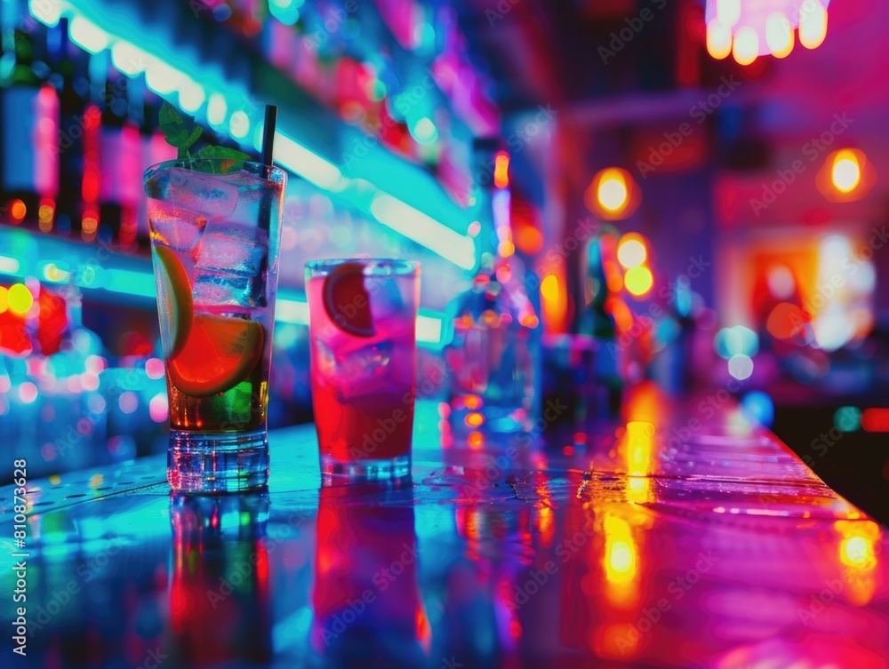 A bar with a neon sign and colorful drinks. The drinks are in glasses and there are three of them A bar with a neon sign and colorful drinks. The drinks are in glasses and there are three of them