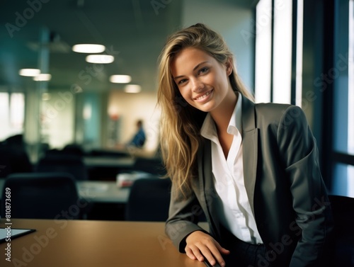 A woman in a business suit is smiling at the camera. She is sitting at a desk with a laptop in front of her