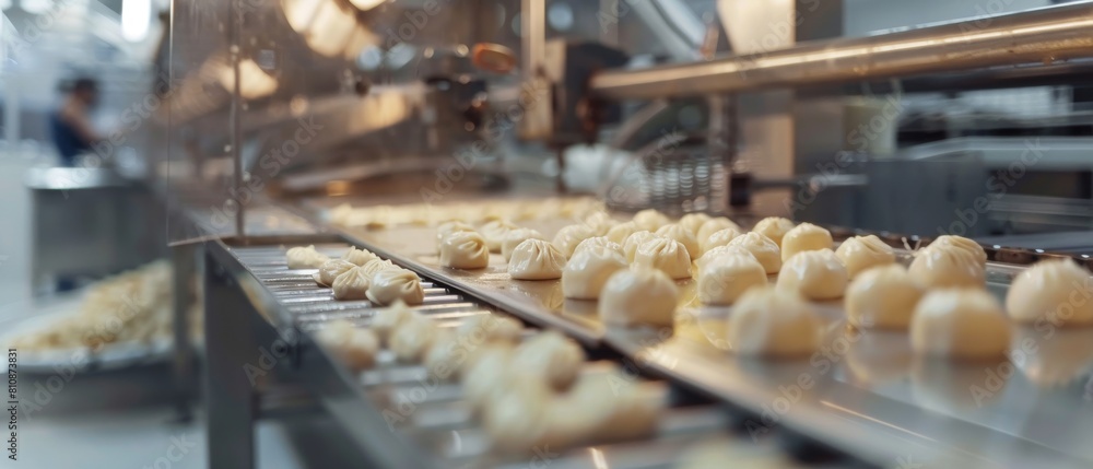 Food Factory Machinery Operating at a Dumpling Factory. Fresh Raw Pelmeni on the Conveyor Belt.