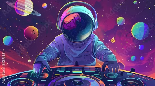 Mood board for a space festival with a dj performing. Invitation to a music concert or music show. Shuttle and alien station in a galaxy with planets. Cosmos and universe fantasy background. Modern photo