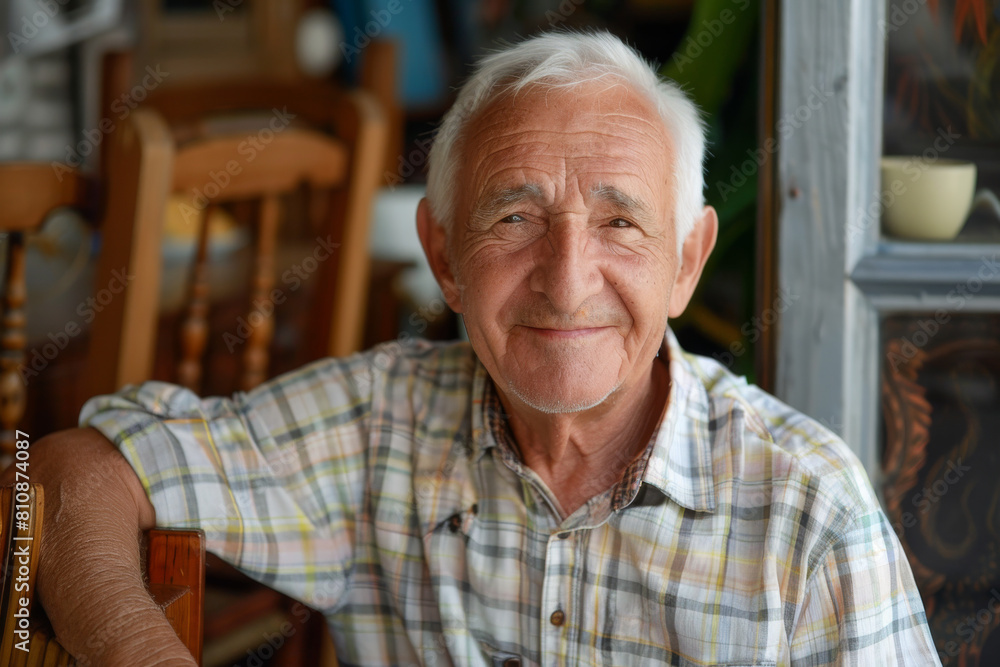 Elderly Man Smiling at Table. Generative AI Elderly Man Smiling at Table. Generative AI