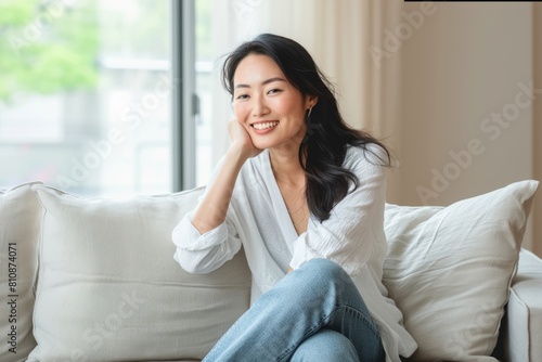 A woman is sitting on a couch with a smile on her face. She is wearing a white shirt and blue jeans
