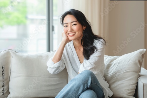 A woman is sitting on a couch with a smile on her face. She is wearing a white shirt and blue jeans © vefimov