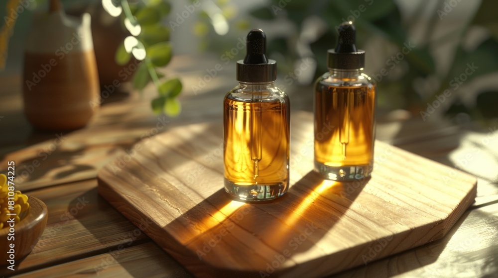 Two bottles of oil are sitting on a wooden board. The bottles are clear and the oil inside is yellow. The scene is set in a room with a window, and the sunlight is shining on the bottles Two bottles of oil are sitting on a wooden board. The bottles are clear and the oil inside is yellow. The scene is set in a room with a window, and the sunlight is shining on the bottles