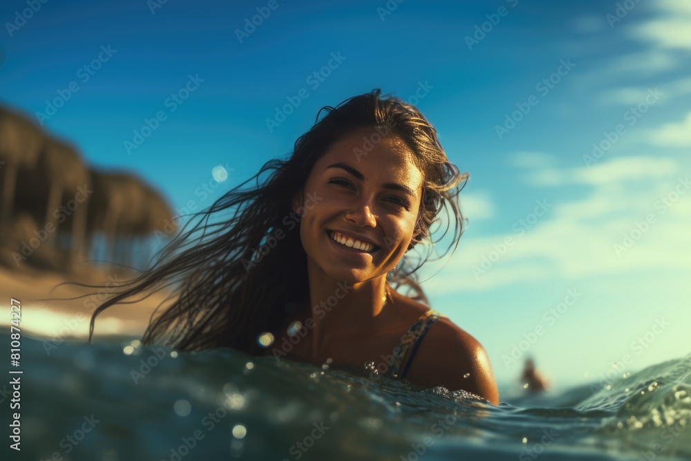 Beautiful woman smiling and enjoying her time in the ocean Fictional Character Created By Generative AI. 