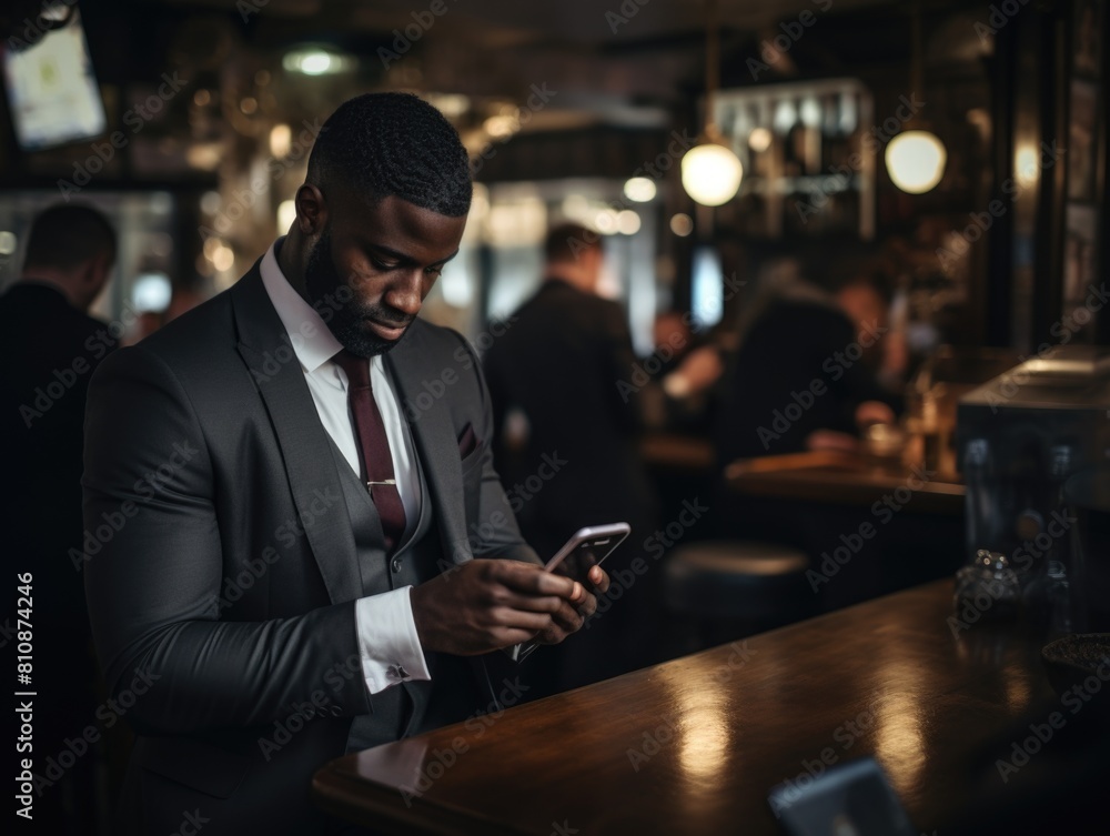 A man in a suit is looking at his cell phone at a bar. The bar is dimly lit and has a few other people sitting at tables. The man is focused on his phone