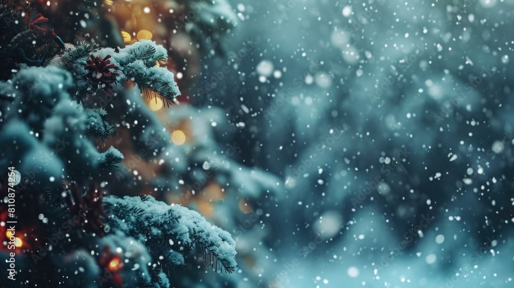 A tree covered in snow with a few lights on it A tree covered in snow with a few lights on it
