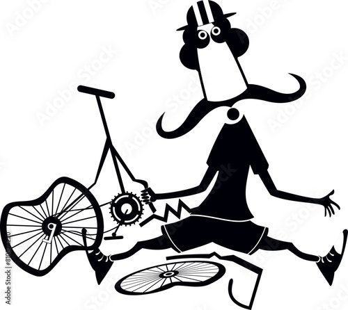 Cyclist man falling down from the bicycle. 
Cartoon long mustache cyclist man in helmet sitting near a broken bicycle. Black and white illustration
