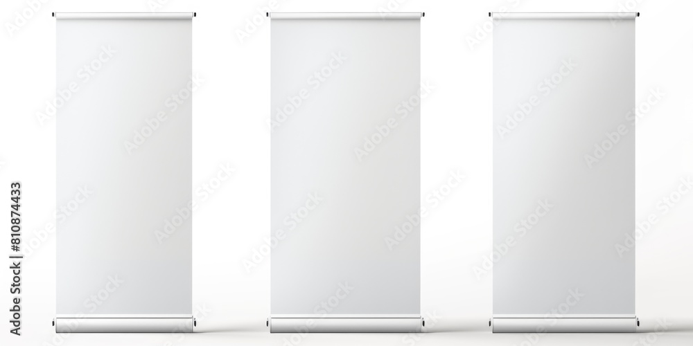 Three white banners are displayed on a white background. The banners are all the same size and shape, and they are all empty Three white banners are displayed on a white background. The banners are all the same size and shape, and they are all empty
