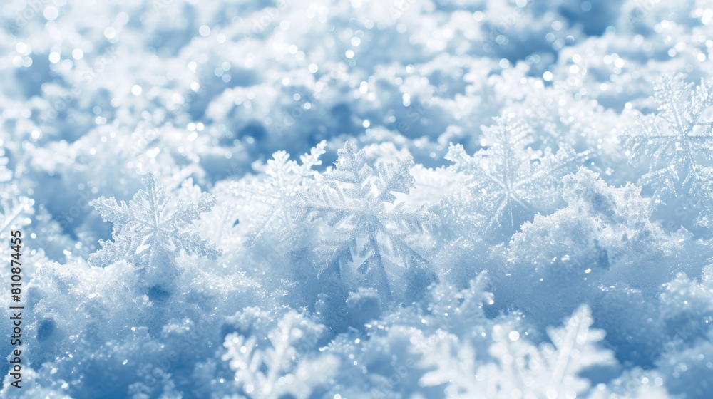 A snow covered field with many snowflakes on the ground. The snow is white and the sky is blue