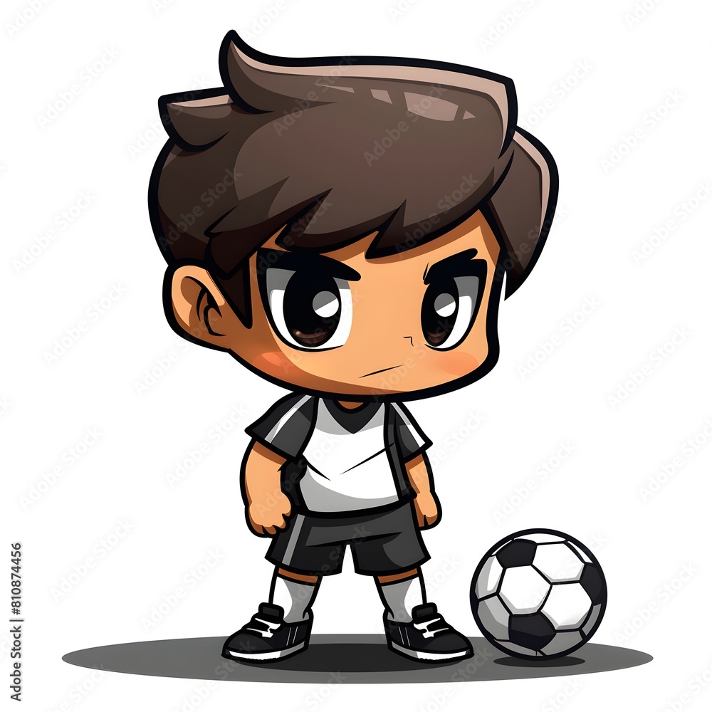 The cute boy is standing next to a classic black and white soccer ball, suggesting a theme of play and sportsmanship. The cute boy is standing next to a classic black and white soccer ball, suggesting a theme of play and sportsmanship.