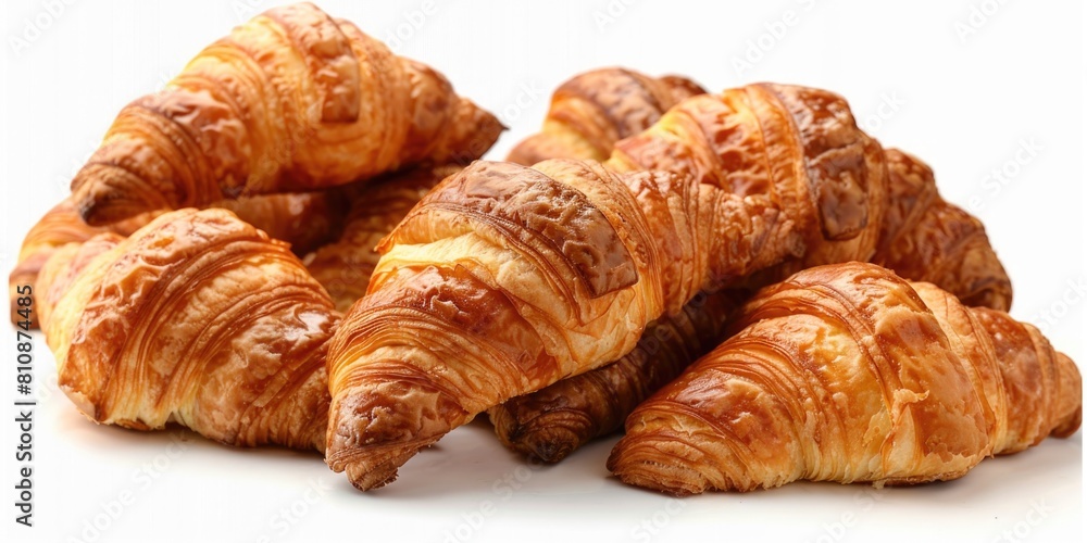 A stack of croissants with a white background. The croissants are golden brown and appear to be freshly baked