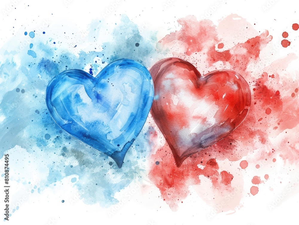 Two hearts are painted in blue and red. The blue heart is on the left and the red heart is on the right. The painting has a splashy, colorful look to it