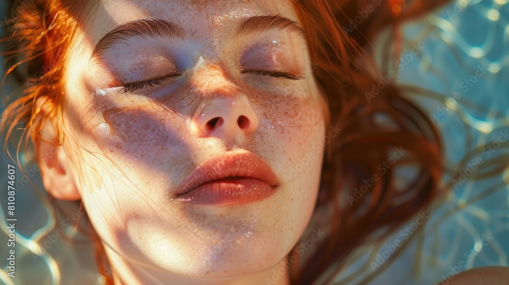 A woman with red hair is laying in a pool. She has a relaxed and peaceful expression on her face A woman with red hair is laying in a pool. She has a relaxed and peaceful expression on her face