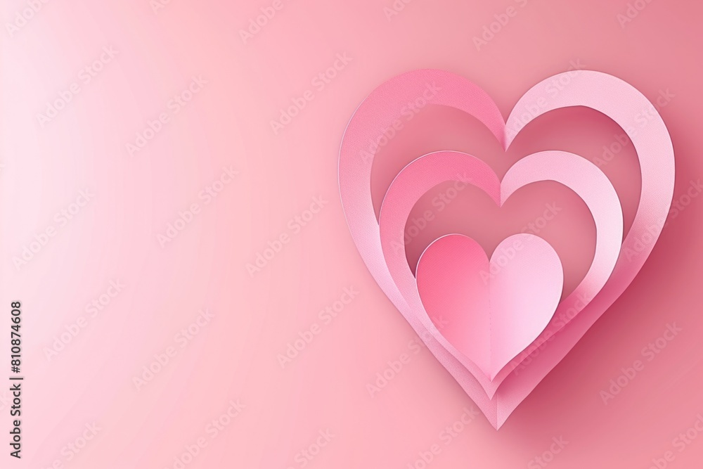 A pink background with three hearts on it. The hearts are cut out of paper and are arranged in a way that they look like they are overlapping. Concept of love and affection