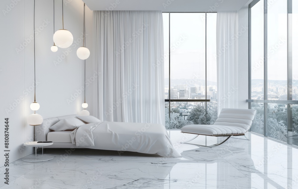 A minimalist white bedroom with sleek furniture, large windows overlooking the cityscape, and soft lighting from modern pendant lamps A minimalist white bedroom with sleek furniture, large windows overlooking the cityscape, and soft lighting from modern pendant lamps
