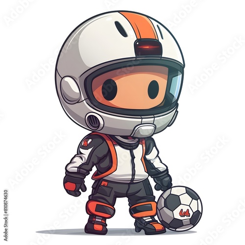 The cute boy is standing next to a classic black and white soccer ball, suggesting a theme of play and sportsmanship.