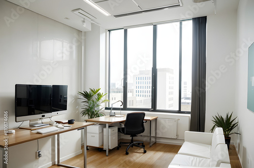 Contemporary home office setup with a desk  ergonomic chair  and computer  featuring a large window overlooking the cityscape