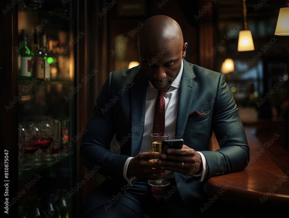 A man in a suit is sitting at a bar with a cell phone in his hand. He is looking at the screen while holding a glass of wine. The scene suggests a relaxed and casual atmosphere