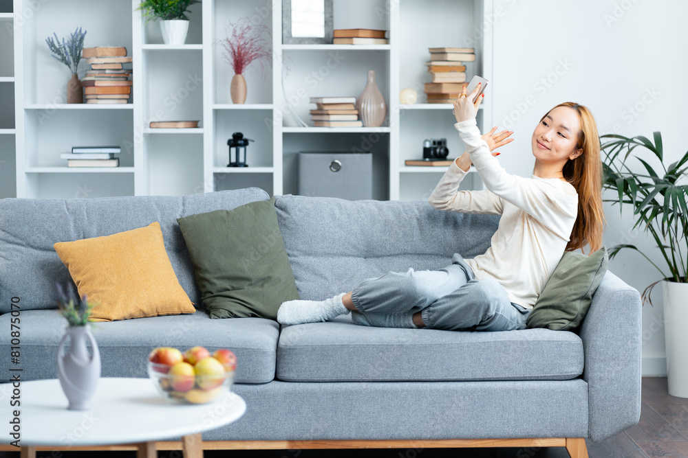Young Woman Taking Selfie On Smartphone In Cozy Living Room, Casual Lifestyle, Indoor Relaxation, Modern Home Interior Young Woman Taking Selfie On Smartphone In Cozy Living Room, Casual Lifestyle, Indoor Relaxation, Modern Home Interior