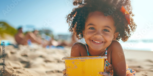 Fototapeta Naklejka Na Ścianę i Meble -  Mixed race girl child playing with beach bucket on the beach summer time