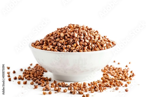 A bowl of brown grains is on a white background. The grains are scattered all over the bowl, creating a sense of abundance and variety