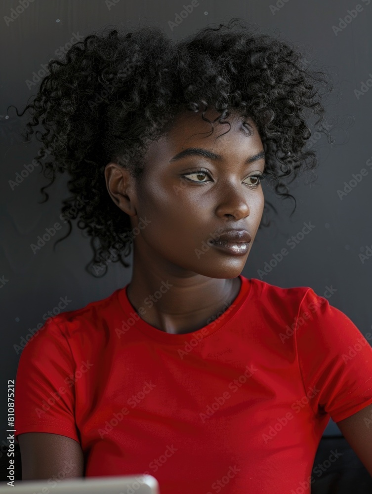 A woman with curly hair is wearing a red shirt and looking at the camera. The image has a warm and inviting mood, with the woman's smile and the bright red color of her shirt A woman with curly hair is wearing a red shirt and looking at the camera. The image has a warm and inviting mood, with the woman's smile and the bright red color of her shirt