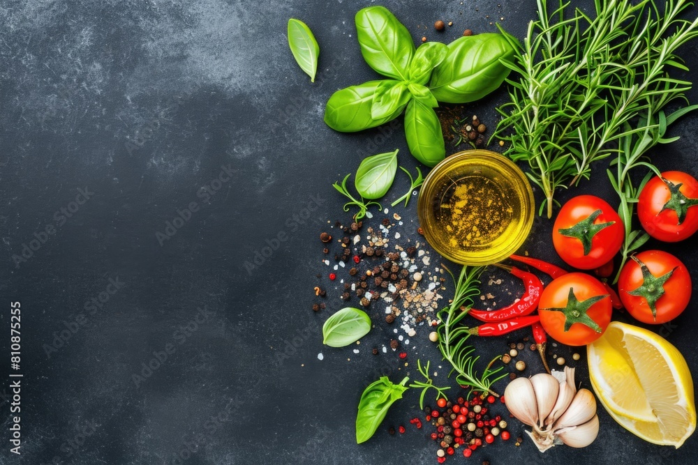 A black background with a variety of vegetables and herbs, including basil, parsley, and tomatoes A black background with a variety of vegetables and herbs, including basil, parsley, and tomatoes