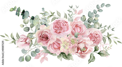 Pink rose flowers and eucalyptus greenery bouquet on transparent background