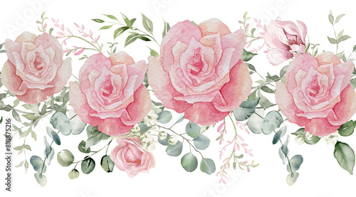 Pink flowers and eucalyptus greenery. Watercolor seamless floral border on transparent background