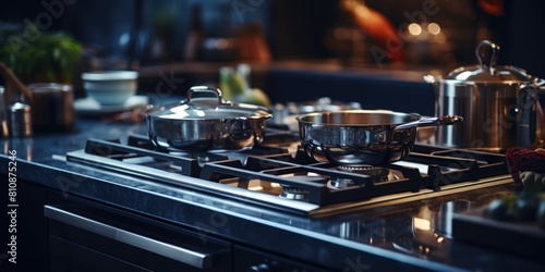 A stove top with two pots on it. The pots are silver and one of them has a lid on it