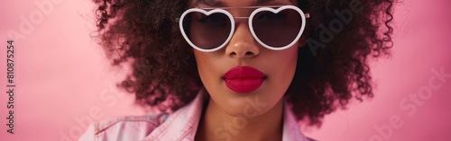 A cheerful African American woman wearing heart shaped sunglasses on her face